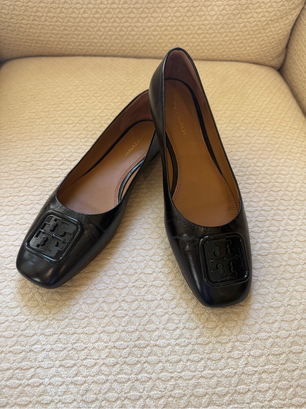 Tory Burch Black Leather Logo Square-Toe Flats